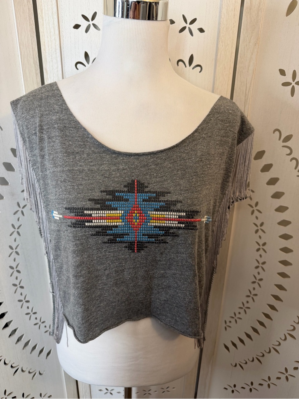 Women’s Gray Fringe Crop Top with Aztec Bead Embellishment